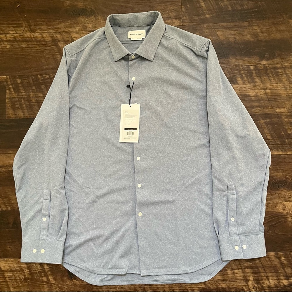 NWT Ministry of supply light blue Apollo button front performance shirt 2XL XXL